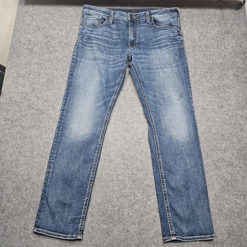 Silver Jeans Mens 38x34 Blue Eddie Relaxed Tapered Medium Wash Stretch Comfort